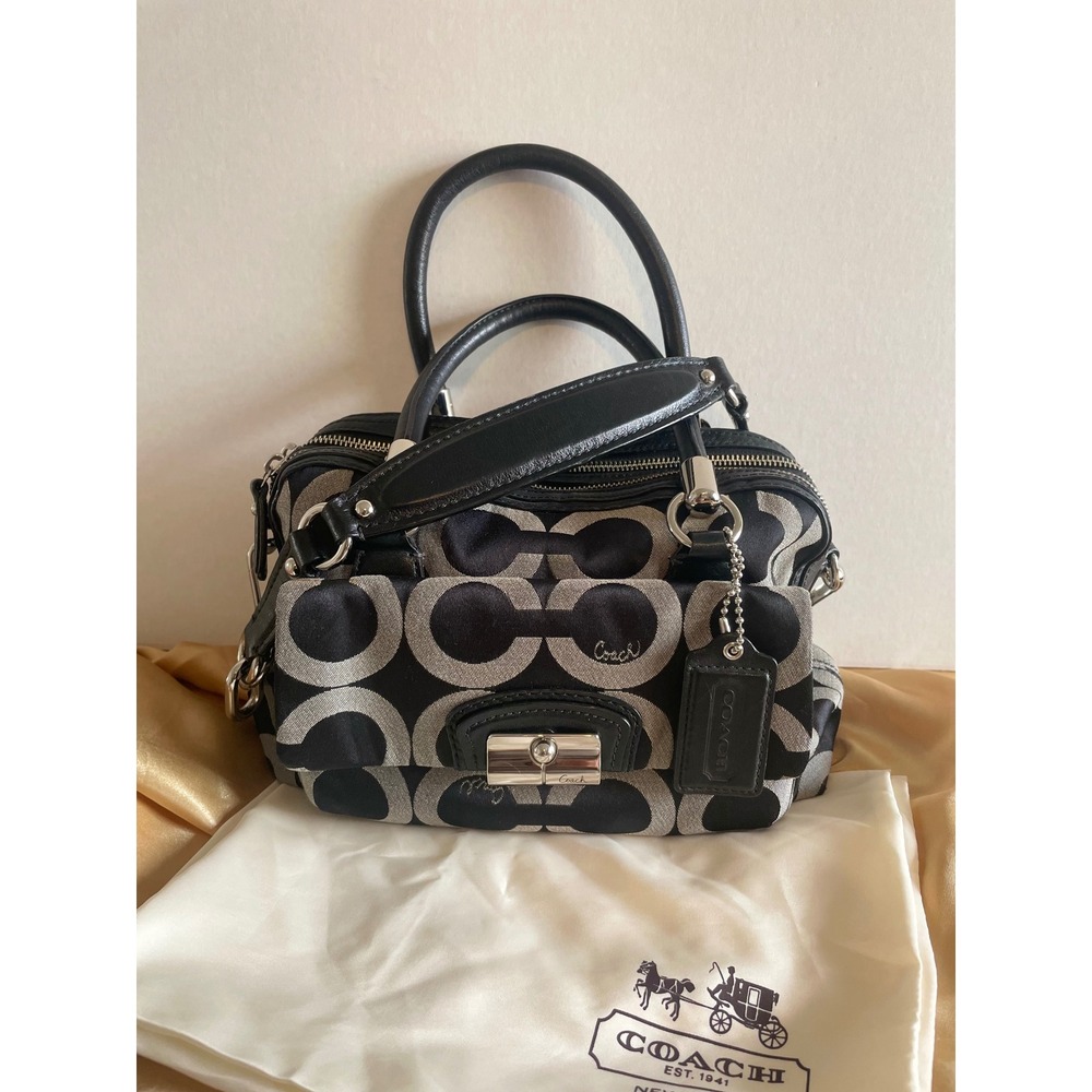 Coach Kristen Signature Double Zip Satchel OP Art Black Silver Shoulder Bag Y2K